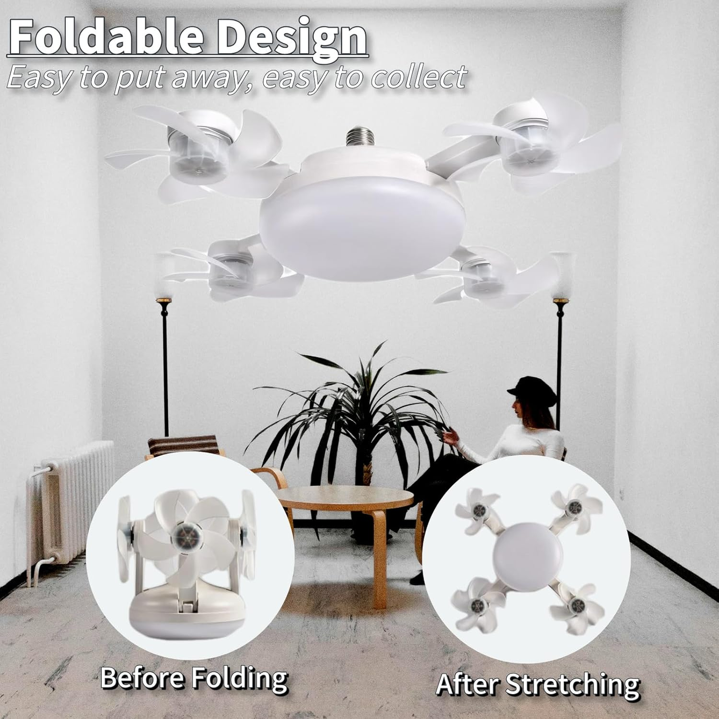 Socket Fan Light, Screw in Ceiling Fan with Remote Control Light Bulb Dimmable 3 Color Temperatures & 3 Wind Speeds E27 Screw-in Installation for Bedroom, Kitchen, Garage