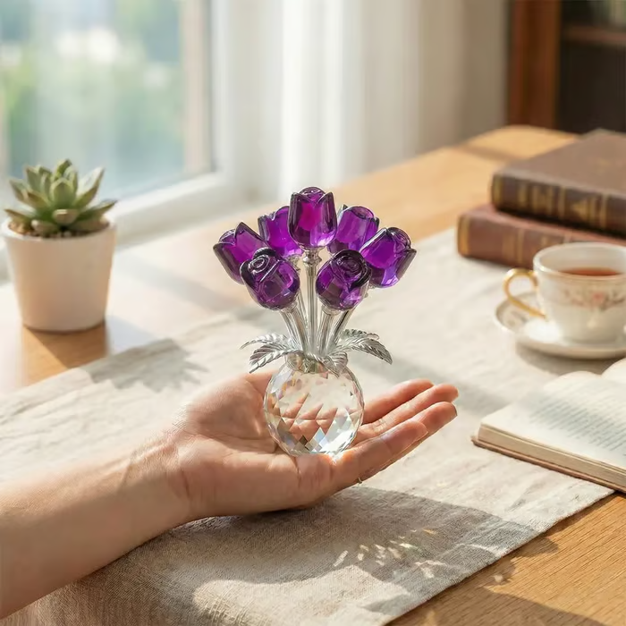 ✨️✨️Crystal Colorful Rose Bouquet Figurine with Round Vase | Glass Rose Flower Romantic Gifts for Her Mom on Birthday