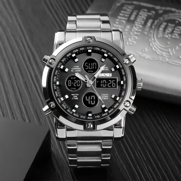 🔥Limited-time discount of 49%🔥Fashion Multi functional Sports Men's Watch, 48Mm Metal Case with 3 Time Zone Night Light 30M Waterproof Stainless Steel Strap, Dual Time Display, Timer, Calendar, Alarm Clock Function Watch Wristwatch