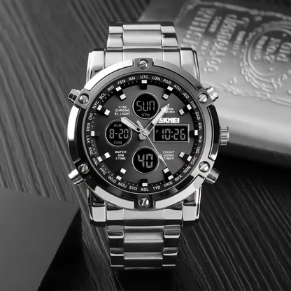 🔥Limited-time discount of 49%🔥Fashion Multi functional Sports Men's Watch, 48Mm Metal Case with 3 Time Zone Night Light 30M Waterproof Stainless Steel Strap, Dual Time Display, Timer, Calendar, Alarm Clock Function Watch Wristwatch