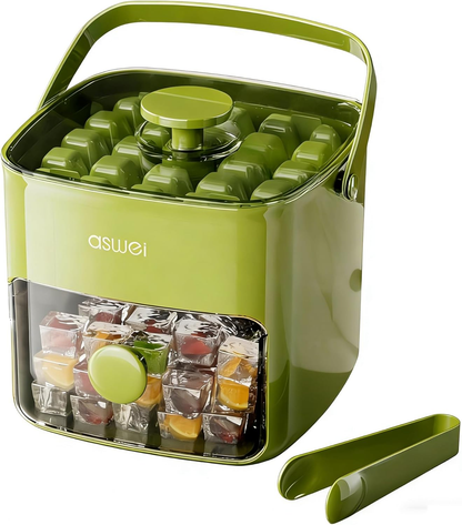 🧊🧊Compact Ice Cube Tray with Lid and Bin, Mini Press-Type Ice Maker for Freezer, Space-Saving Small Ice Bucket with Tongs