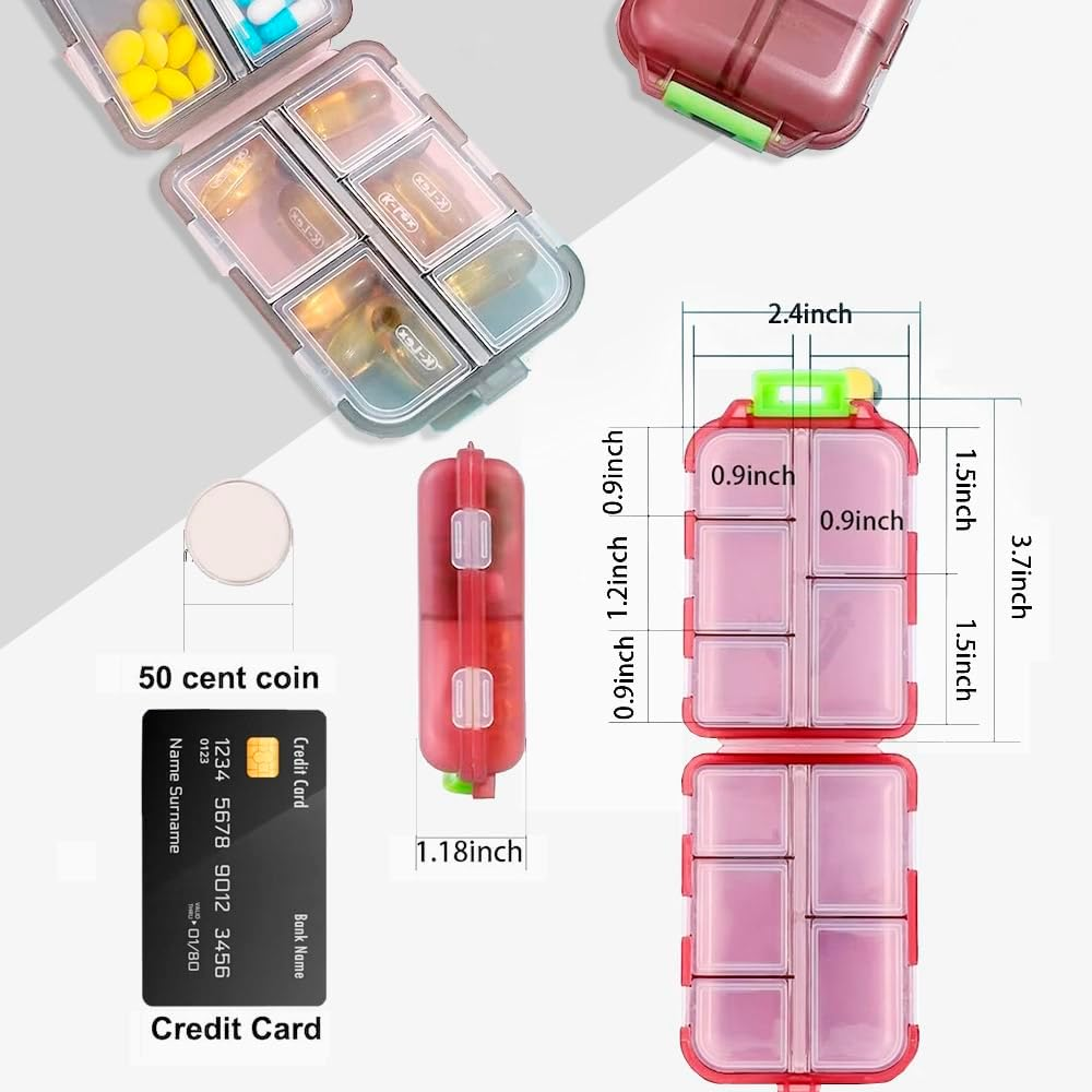 Custom Travel Pill Organizer, 10 Compartments Portable Pill Case with Medicine Labels, 5 Colors Daily Pill Box