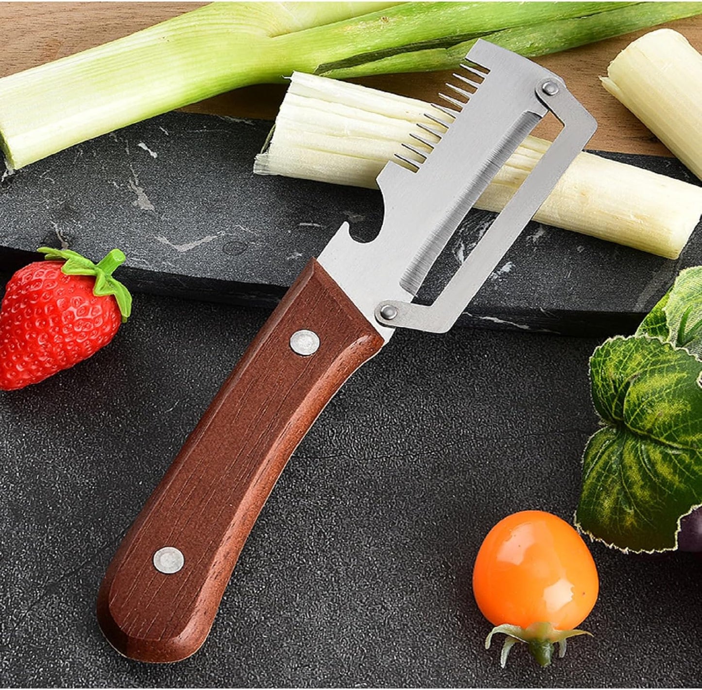 Vegetable Peeler with Wooden Handle and Bottle Opener,Stainless Steel Julienne Peeler