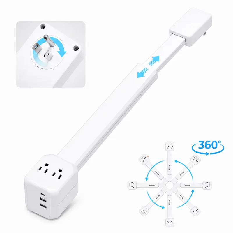 Electrical Outlet Extender Stick, 360° Rotating Wall Outlet - Features 2 USB-A, 1 USB-C, and 2 AC Outlets, Extends 17"-26"