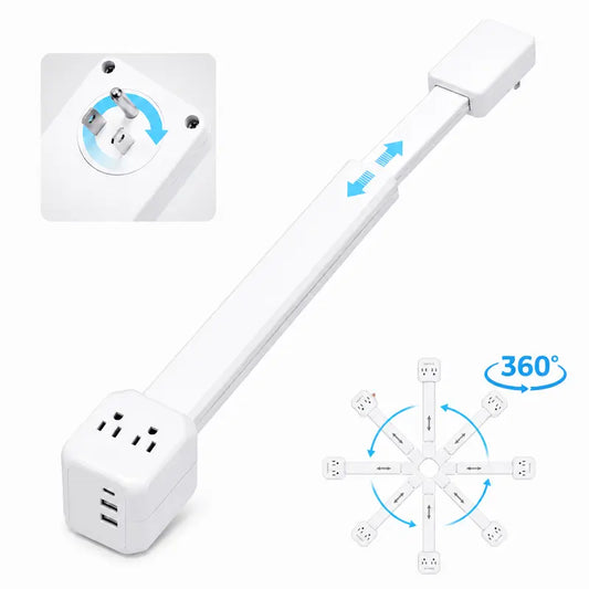 Electrical Outlet Extender Stick, 360° Rotating Wall Outlet - Features 2 USB-A, 1 USB-C, and 2 AC Outlets, Extends 17"-26"