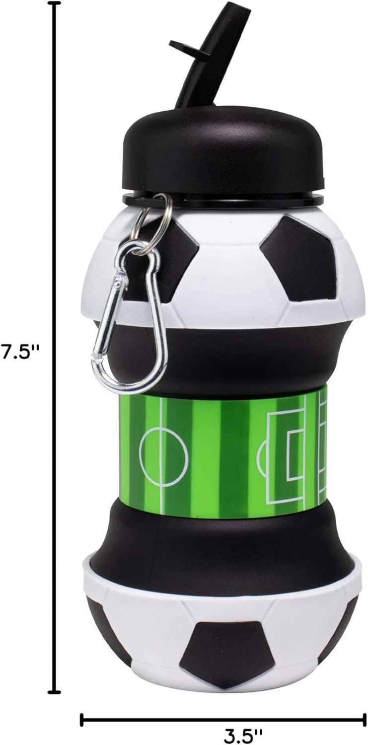 Collapsible Silicone Soccer Ball Water Bottle for Kids, 18 oz BPA-Free with Clip, Leak-Proof Spout, Portable Sports Drink Bottle