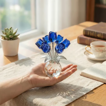 ✨️✨️Crystal Colorful Rose Bouquet Figurine with Round Vase | Glass Rose Flower Romantic Gifts for Her Mom on Birthday