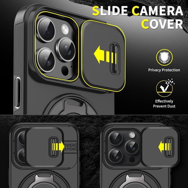 Case with Slide Camera Cover & Rotatable Ring Kickstand, Grade Shockproof Protective Case for iPhone 11/12/13/14/15/16/17 Series