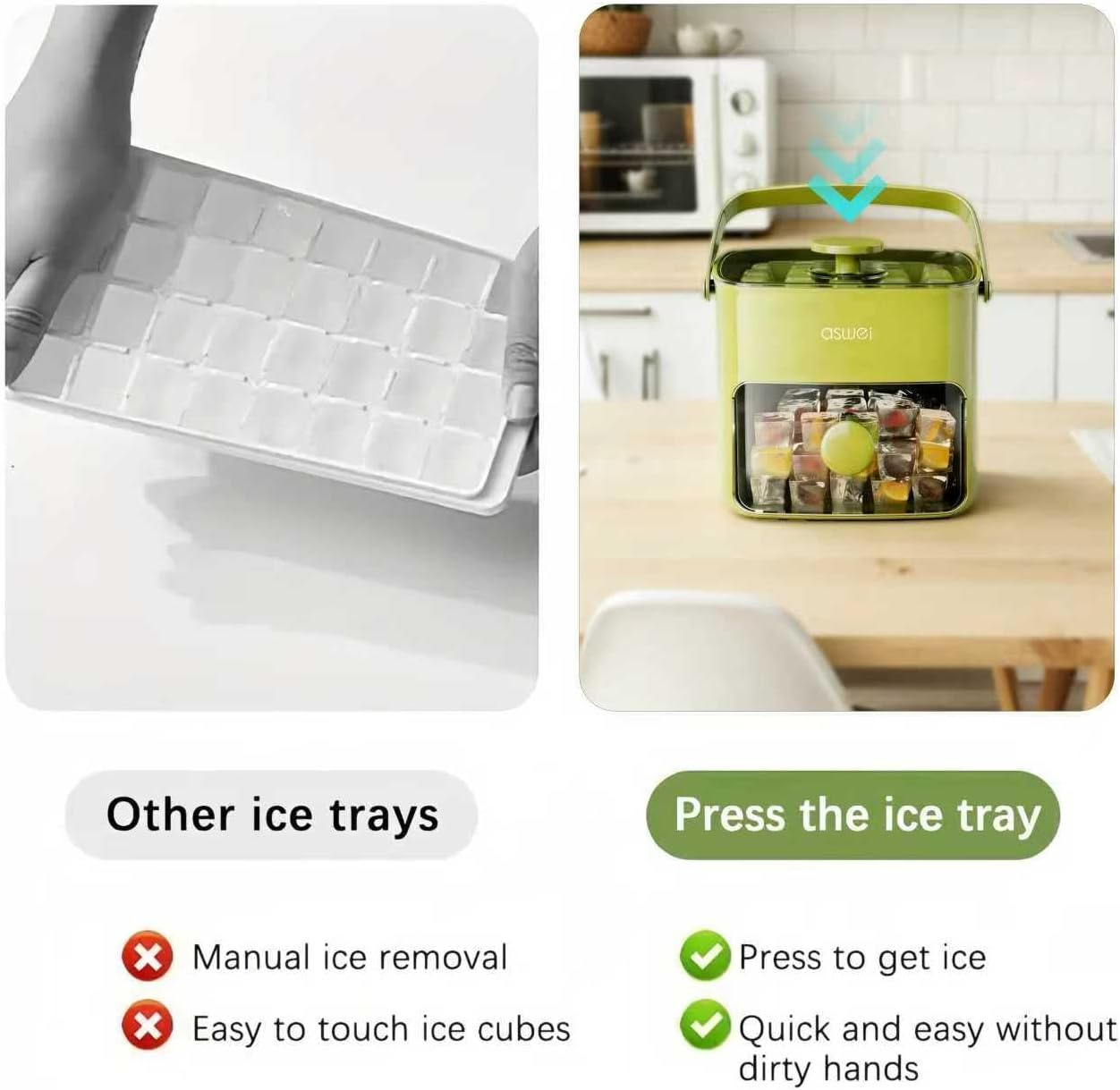 🧊🧊Compact Ice Cube Tray with Lid and Bin, Mini Press-Type Ice Maker for Freezer, Space-Saving Small Ice Bucket with Tongs