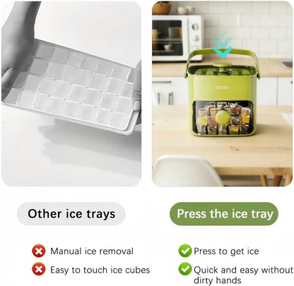 🧊🧊Compact Ice Cube Tray with Lid and Bin, Mini Press-Type Ice Maker for Freezer, Space-Saving Small Ice Bucket with Tongs