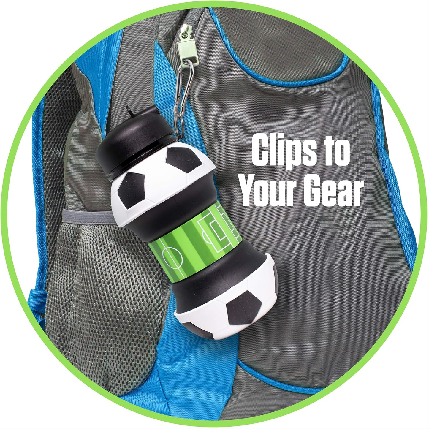 Collapsible Silicone Soccer Ball Water Bottle for Kids, 18 oz BPA-Free with Clip, Leak-Proof Spout, Portable Sports Drink Bottle