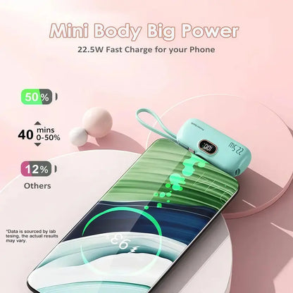 5000mAh Mini Portable Charger with 22.5W Output, Features Two USB Ports (Type-C & USB-A) and Digital Power Display