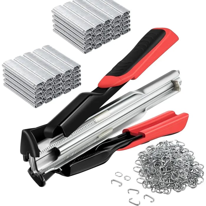 🛠️🛠️Hog Ring Pliers Kits W/ 100 C Clips Staples Tool, Hand Operated Spring Loaded Clamp Fences Tools Farm Animals Nailer Pliers Fastening Bird Chicken Mesh Cage Wire Fencing Household Use