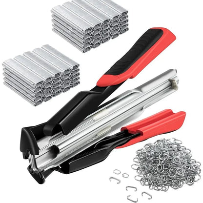 🛠️🛠️Hog Ring Pliers Kits W/ 100 C Clips Staples Tool, Hand Operated Spring Loaded Clamp Fences Tools Farm Animals Nailer Pliers Fastening Bird Chicken Mesh Cage Wire Fencing Household Use