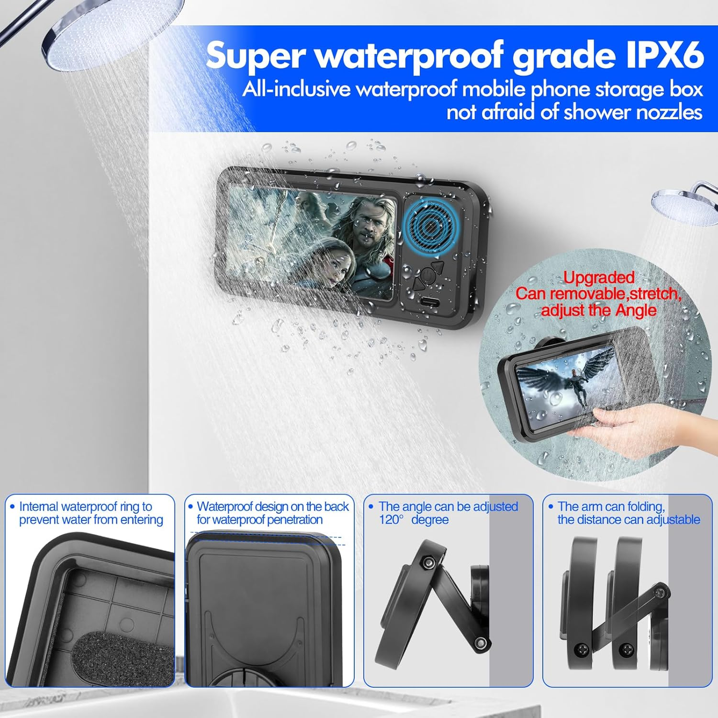 Wireless Bluetooth Speaker for Bathroom , Waterproof 360 Rotation Viewable Shower Phone Case Speakers for Bathroom Wall Mirro Compatible with iPhone