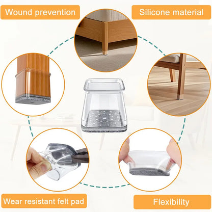 Square Chair Leg Floor Protectors, Furniture felt pads for Hardwood Floors, furniture Sliders for Chair Legs, Floor Protectors for Chairs, reduces noise Silicone Chair Leg Caps Cover, Large, Clear