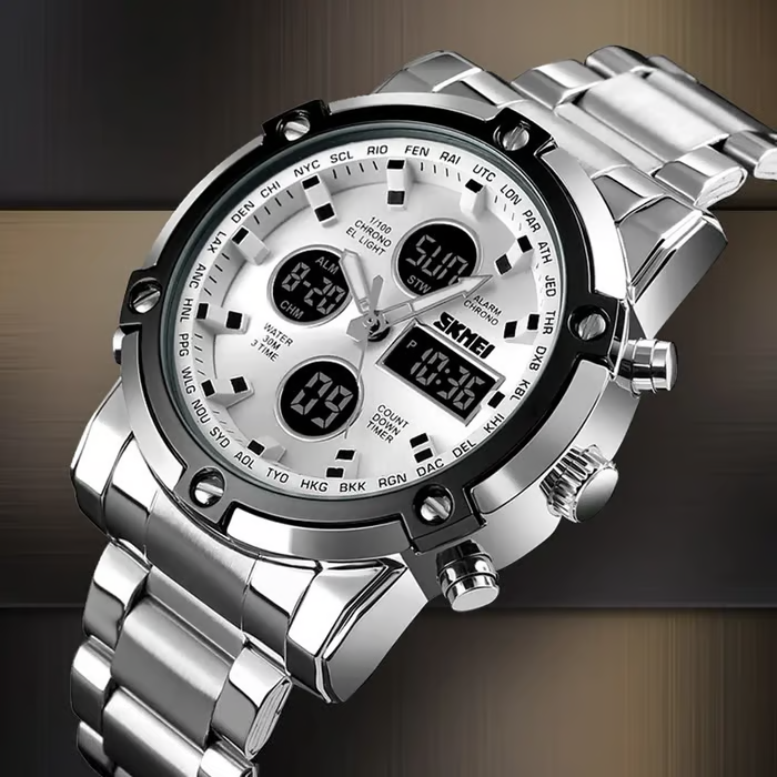 🔥Limited-time discount of 49%🔥Fashion Multi functional Sports Men's Watch, 48Mm Metal Case with 3 Time Zone Night Light 30M Waterproof Stainless Steel Strap, Dual Time Display, Timer, Calendar, Alarm Clock Function Watch Wristwatch