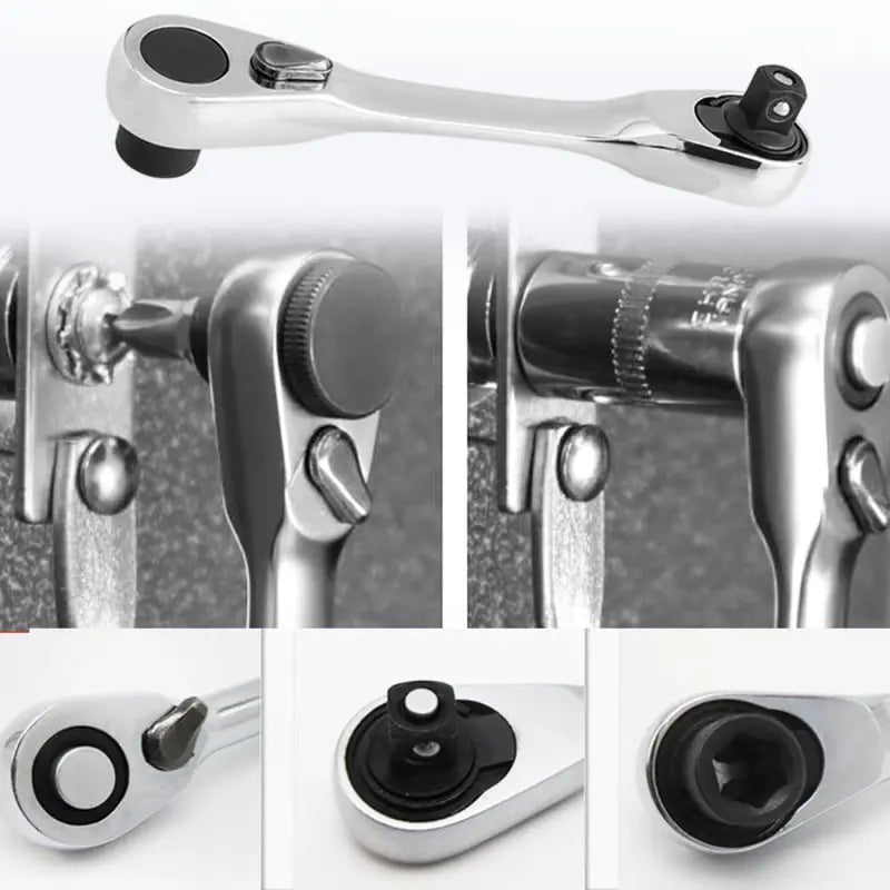 Silver Ratchet Wrench 1/4 Inch Mini Double Headed 72 Tooth Drive Socket (Bits Not Included), 5 Degrees Quick Install Release