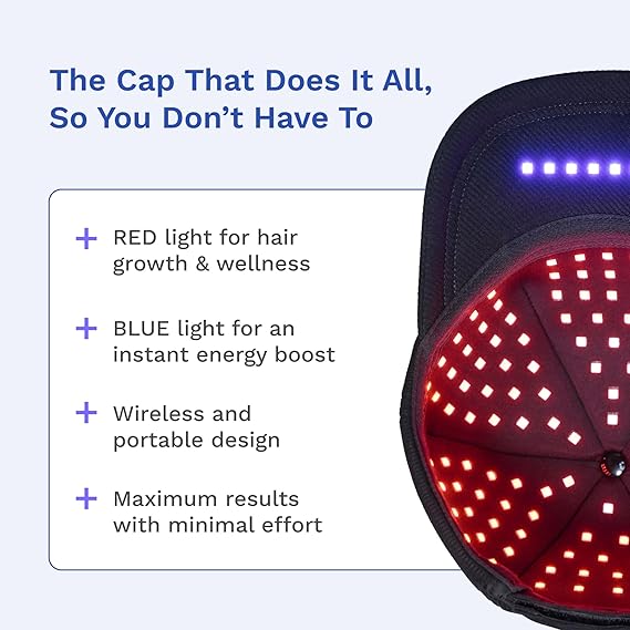 Cap: Wireless Red & Blue Light Therapy Cap for Scalp Health, Energy, and Self-Care | Red Light Therapy on the Go for Men & Women