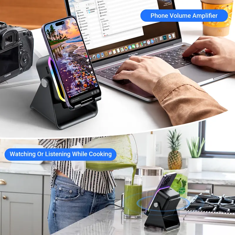 Wireless Induction Audio Speaker Stand, 5in1 Cellphone Holder, 3500mAh Rechargeable Emergency Power Bank,360° Adjustable Mobile Tablet Stand with Colorful Ambient Light Gifts for Men Women