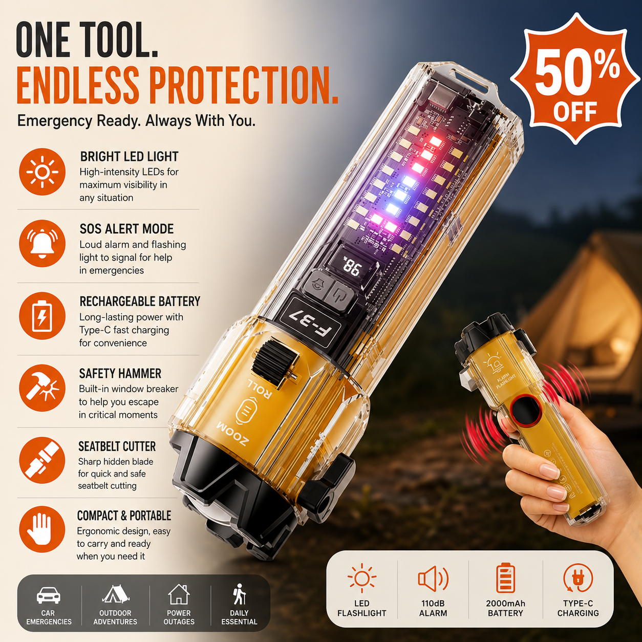 Emergency Flashlight for Car, Seatbelt Cutter Window Breaker, 3000 LM Flashlight Multifunctional Safety Tool
