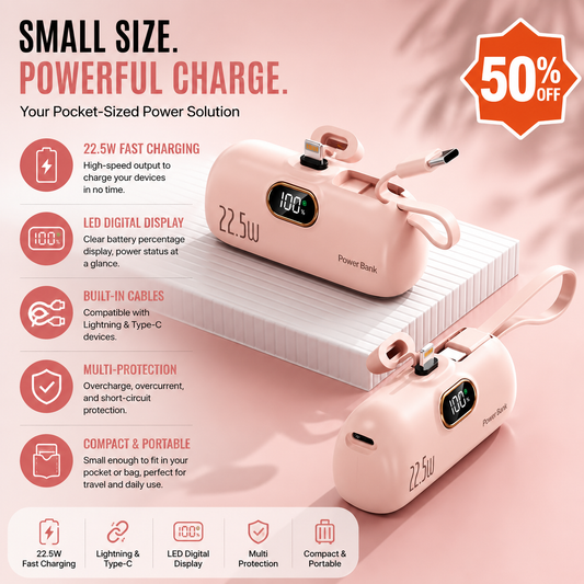 5000mAh Mini Portable Charger with 22.5W Output, Features Two USB Ports (Type-C & USB-A) and Digital Power Display