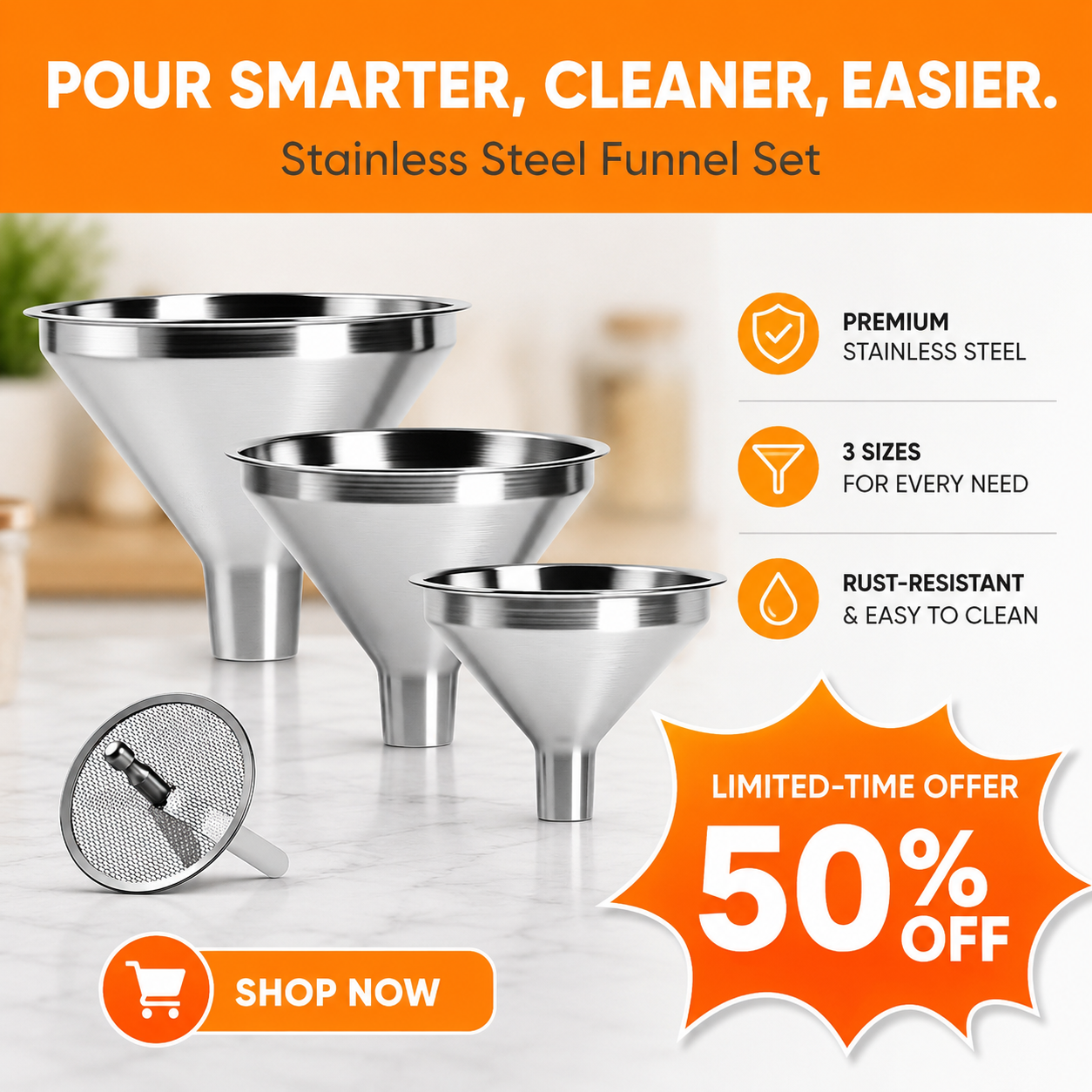 🔥4-Piece Stainless Steel Kitchen Funnel Set, Includes 3 Funnel Sizes and 1 Strainer