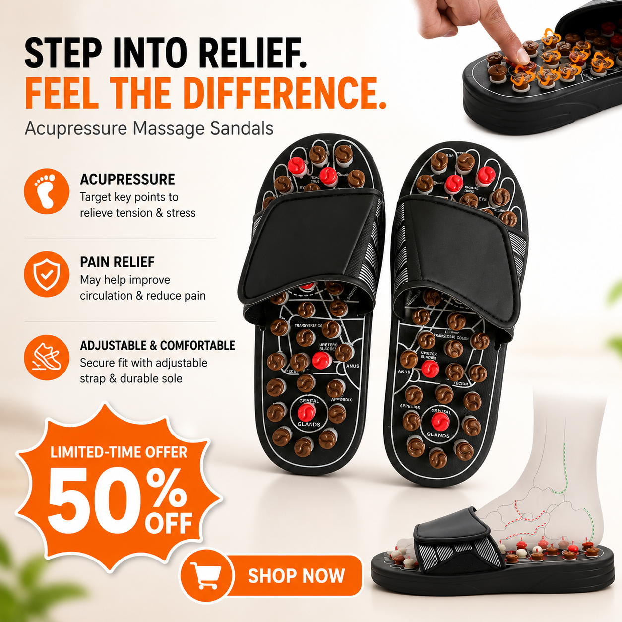 🔥Acupressure Slippers, Foot Massager Stone Acupuncture Sandals, Reduce Feet Neuropathy Pain Relief