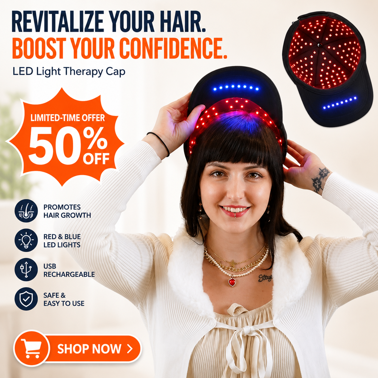 Cap: Wireless Red & Blue Light Therapy Cap for Scalp Health, Energy, and Self-Care | Red Light Therapy on the Go for Men & Women