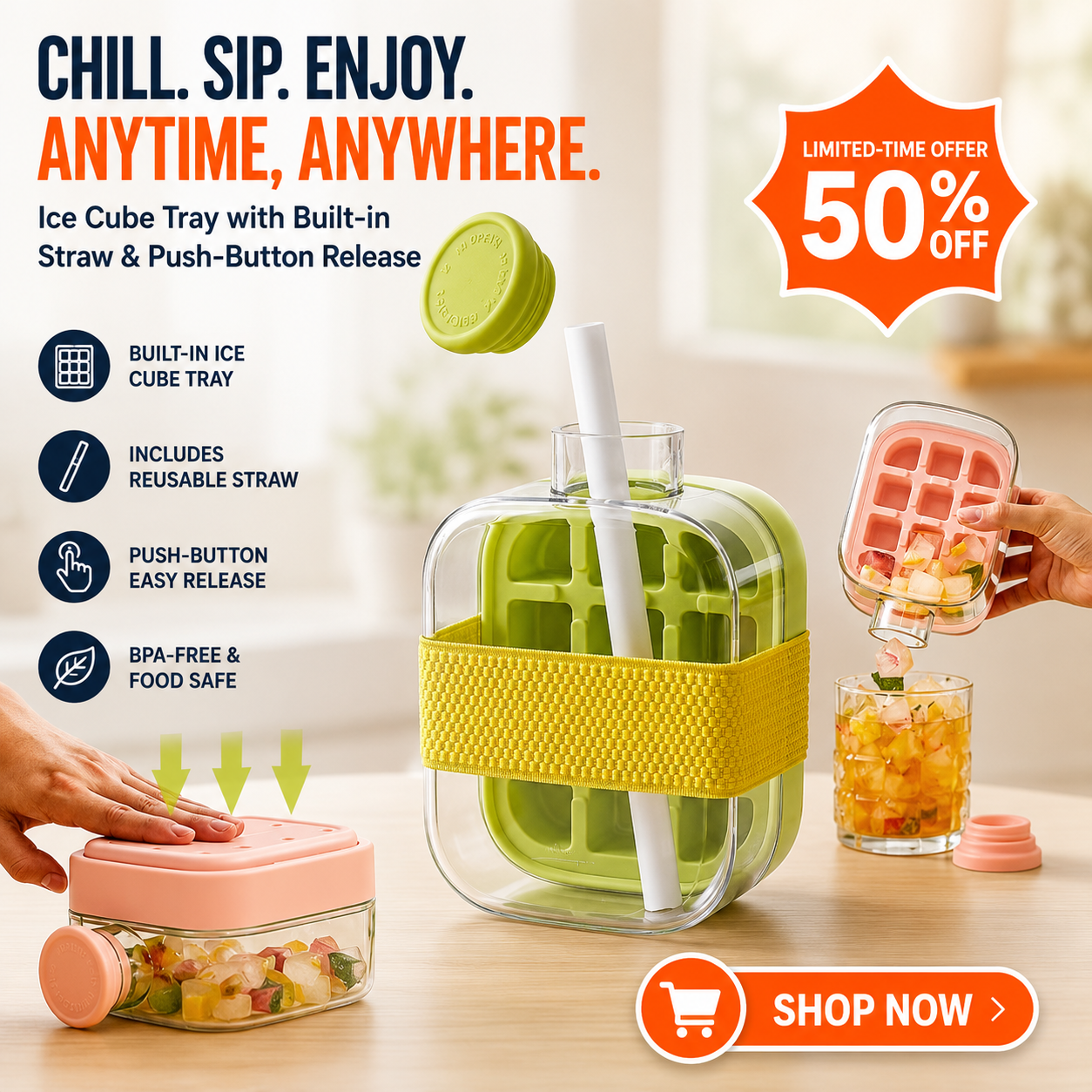🧊2in1 Touch Free Ice Cube Tray Water Bottle Come Easy To Take Ice By Pressing Suitable