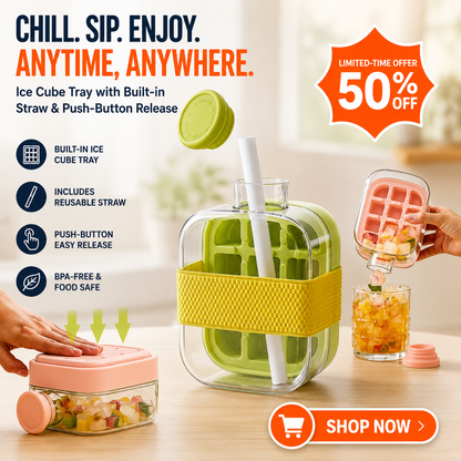 🧊2in1 Touch Free Ice Cube Tray Water Bottle Come Easy To Take Ice By Pressing Suitable