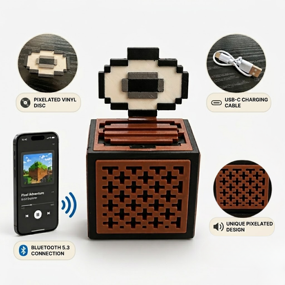 Pixel cube desktop ornament, music box record player