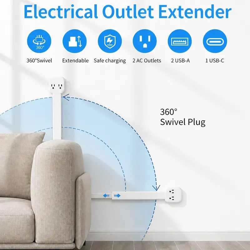Electrical Outlet Extender Stick, 360° Rotating Wall Outlet - Features 2 USB-A, 1 USB-C, and 2 AC Outlets, Extends 17"-26"