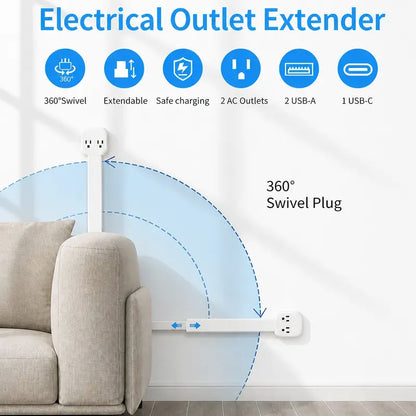 Electrical Outlet Extender Stick, 360° Rotating Wall Outlet - Features 2 USB-A, 1 USB-C, and 2 AC Outlets, Extends 17"-26"