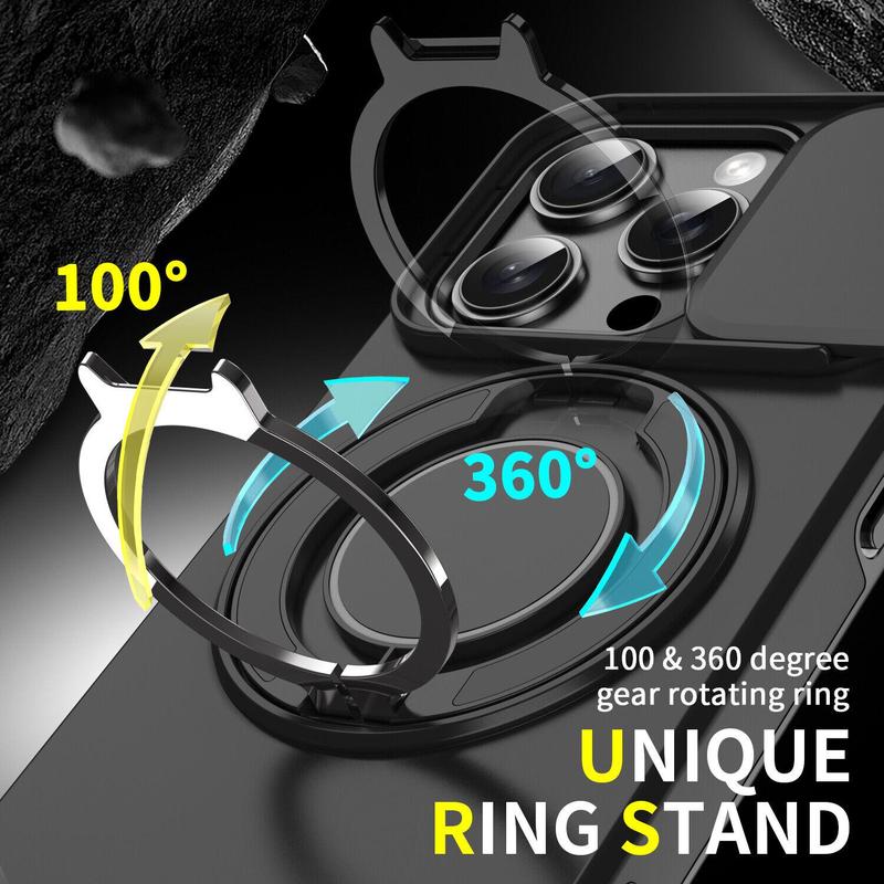 Case with Slide Camera Cover & Rotatable Ring Kickstand, Grade Shockproof Protective Case for iPhone 11/12/13/14/15/16/17 Series
