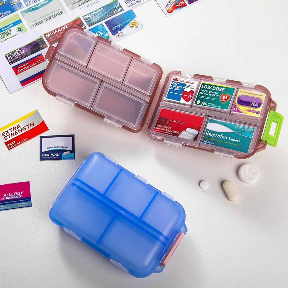 Custom Travel Pill Organizer, 10 Compartments Portable Pill Case with Medicine Labels, 5 Colors Daily Pill Box