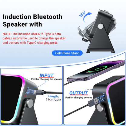 Wireless Induction Audio Speaker Stand, 5in1 Cellphone Holder, 3500mAh Rechargeable Emergency Power Bank,360° Adjustable Mobile Tablet Stand with Colorful Ambient Light Gifts for Men Women