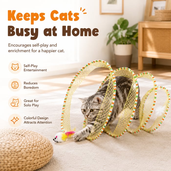 😸Potaroma Spiral Tunnel Cat Toy, Cat Self Play Spiral Kitten Collapsible Spring Tunnel Toy for Indoor Cats with Feather and Bell, 20 Inches Unfolded