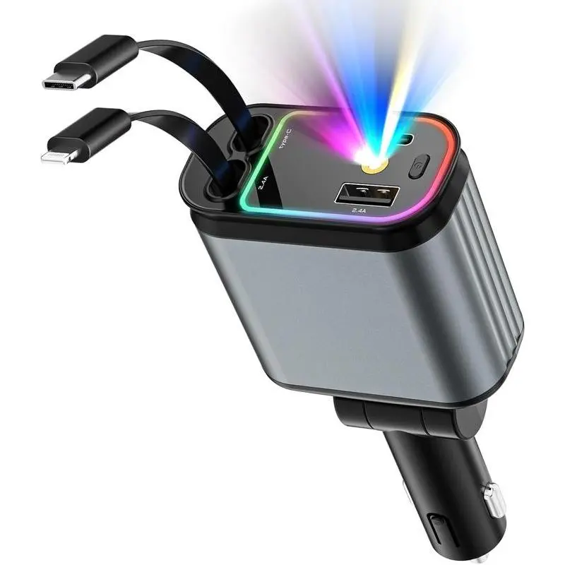 🔥🔥Car Charger with Starlight, 4 in 1 Retractable 66W USB C Car Charger with 2 USB Ports, Fast Car Charger Compatible with iPhone 16 and Android