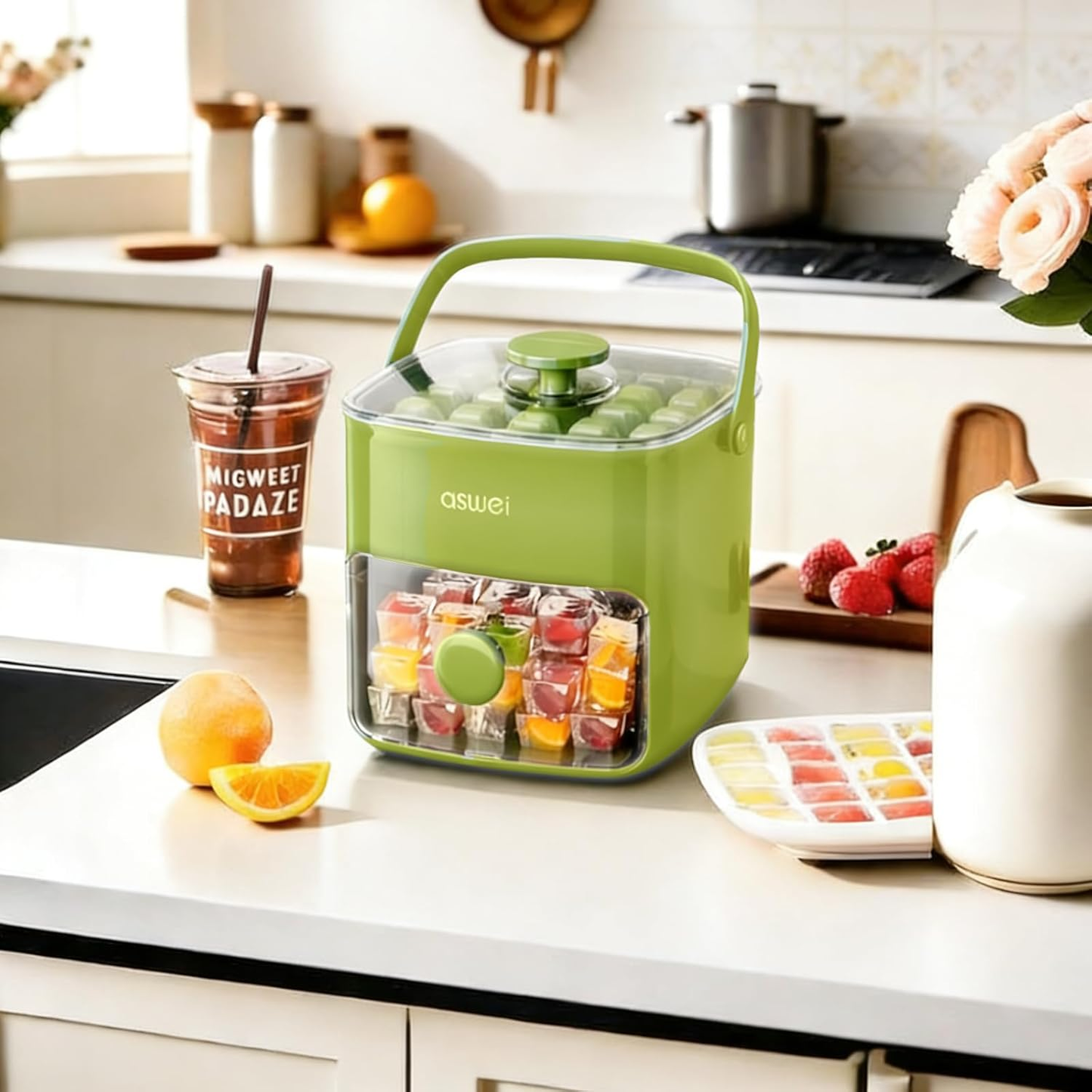 🧊🧊Compact Ice Cube Tray with Lid and Bin, Mini Press-Type Ice Maker for Freezer, Space-Saving Small Ice Bucket with Tongs