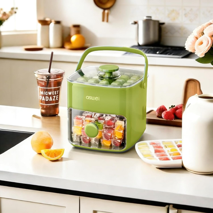 🧊🧊Compact Ice Cube Tray with Lid and Bin, Mini Press-Type Ice Maker for Freezer, Space-Saving Small Ice Bucket with Tongs