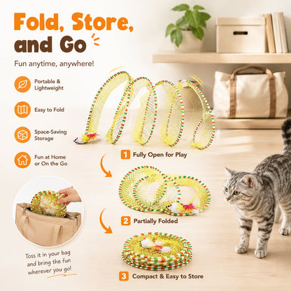 😸Potaroma Spiral Tunnel Cat Toy, Cat Self Play Spiral Kitten Collapsible Spring Tunnel Toy for Indoor Cats with Feather and Bell, 20 Inches Unfolded
