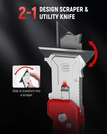 2-in-1 utility knife and scraper featuring a heavy-duty zinc alloy body and 13 SK2 black blades