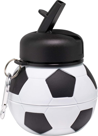 Collapsible Silicone Soccer Ball Water Bottle for Kids, 18 oz BPA-Free with Clip, Leak-Proof Spout, Portable Sports Drink Bottle
