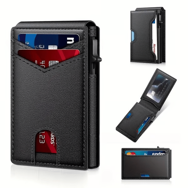 💼🔒Premium Aluminum RFID Blocking Minimalist Wallet for Men - Pop-Up Card Access, ID Window