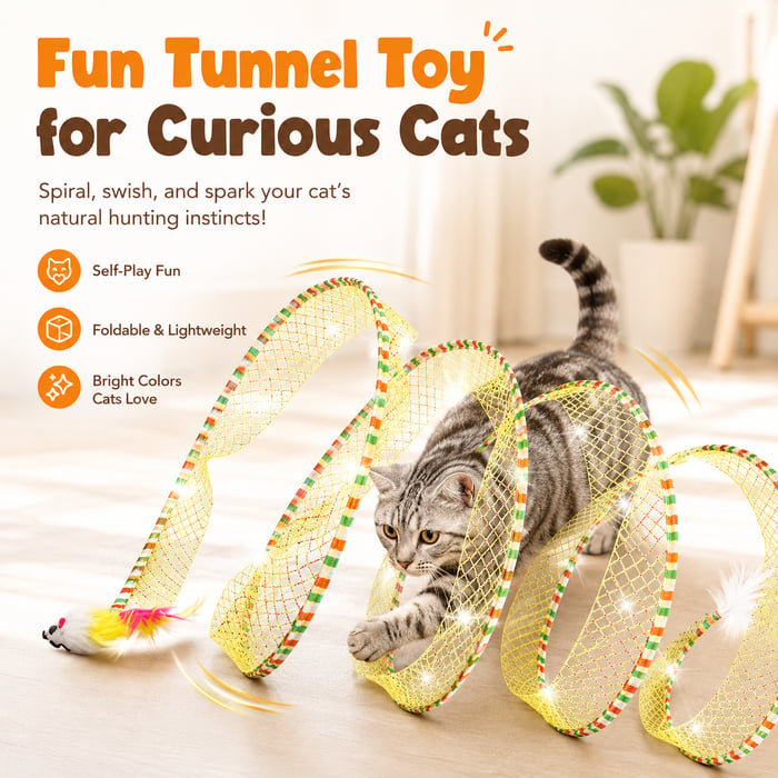 😸Potaroma Spiral Tunnel Cat Toy, Cat Self Play Spiral Kitten Collapsible Spring Tunnel Toy for Indoor Cats with Feather and Bell, 20 Inches Unfolded