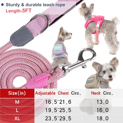 Dog Backpack Harness Leash Set Reflective Waterproof Pockets Built in Poop Bag Dispenser for Hiking Training Running Pets Self Carrier with D-Ring