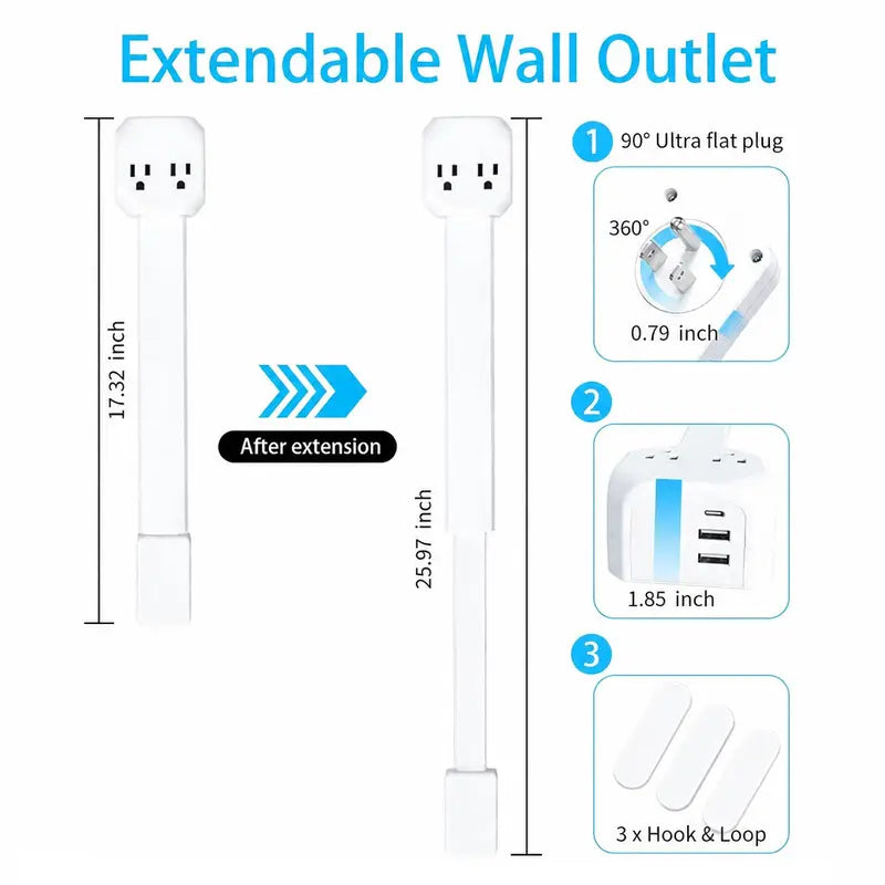 Electrical Outlet Extender Stick, 360° Rotating Wall Outlet - Features 2 USB-A, 1 USB-C, and 2 AC Outlets, Extends 17"-26"