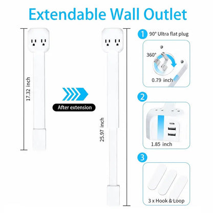 Electrical Outlet Extender Stick, 360° Rotating Wall Outlet - Features 2 USB-A, 1 USB-C, and 2 AC Outlets, Extends 17"-26"