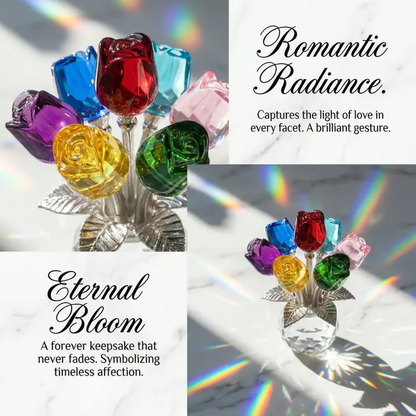 ✨️✨️Crystal Colorful Rose Bouquet Figurine with Round Vase | Glass Rose Flower Romantic Gifts for Her Mom on Birthday